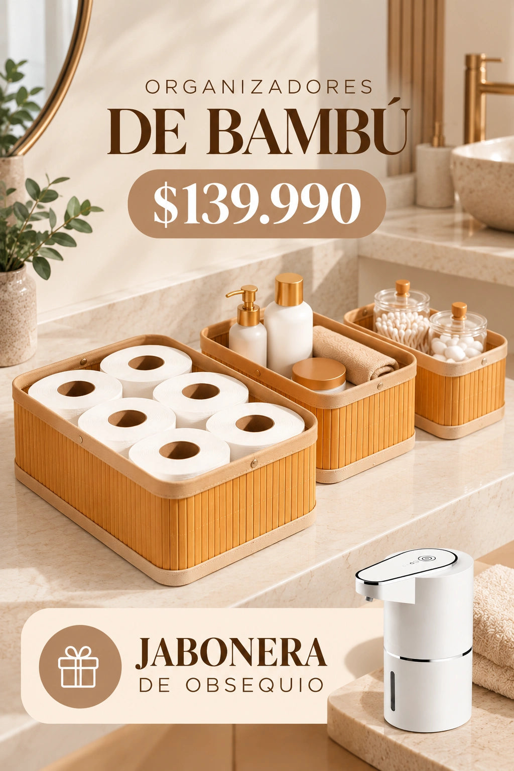 Organizadores de Bambú + dispensador de jabón electrico