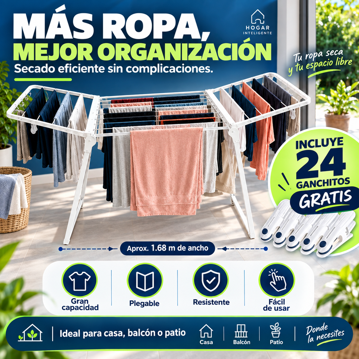 Tendedero de ropa plegable + 24 Ganchitos gratis