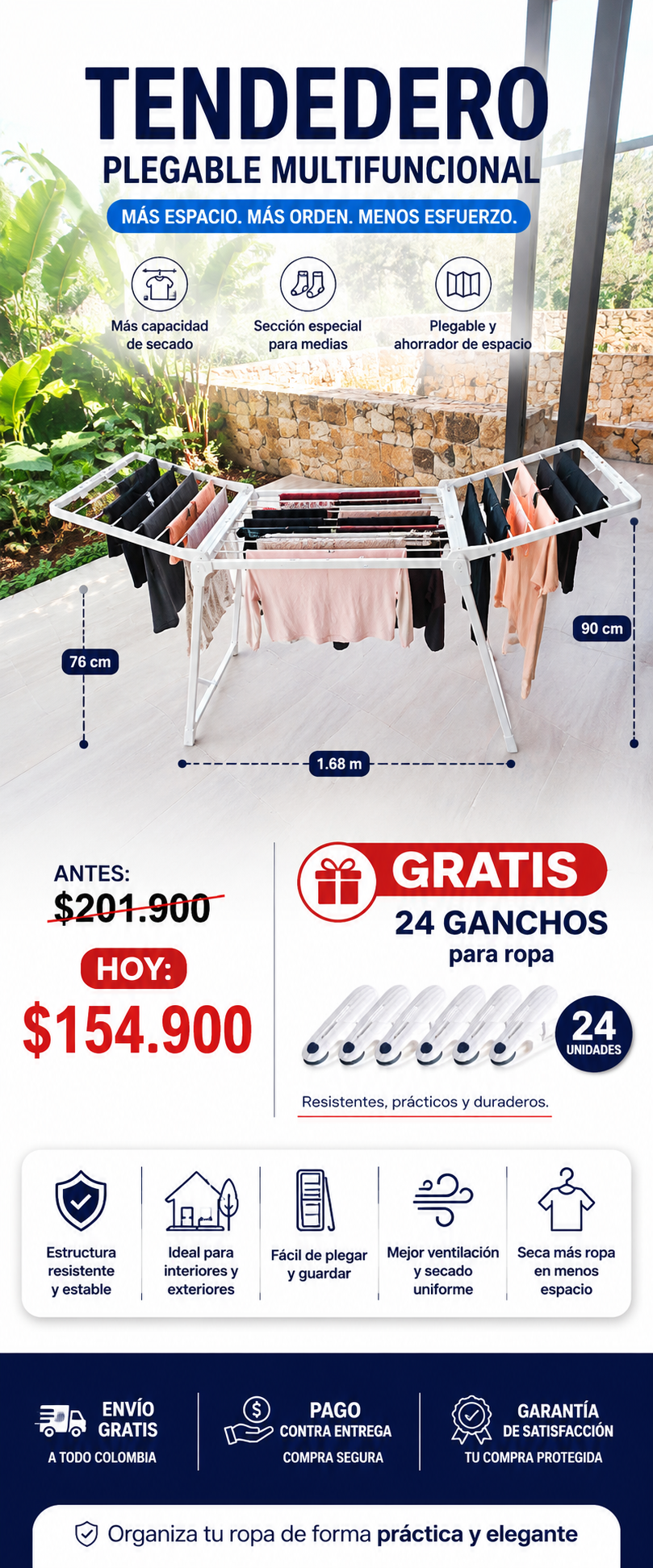 Tendedero de ropa plegable + 24 Ganchitos gratis