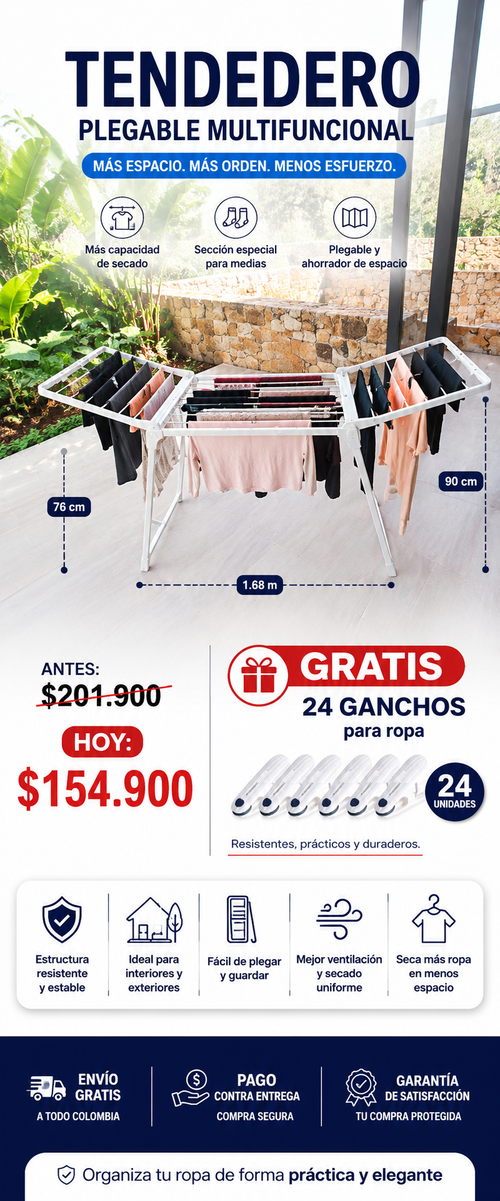 Tendedero de ropa plegable + 24 Ganchitos gratis